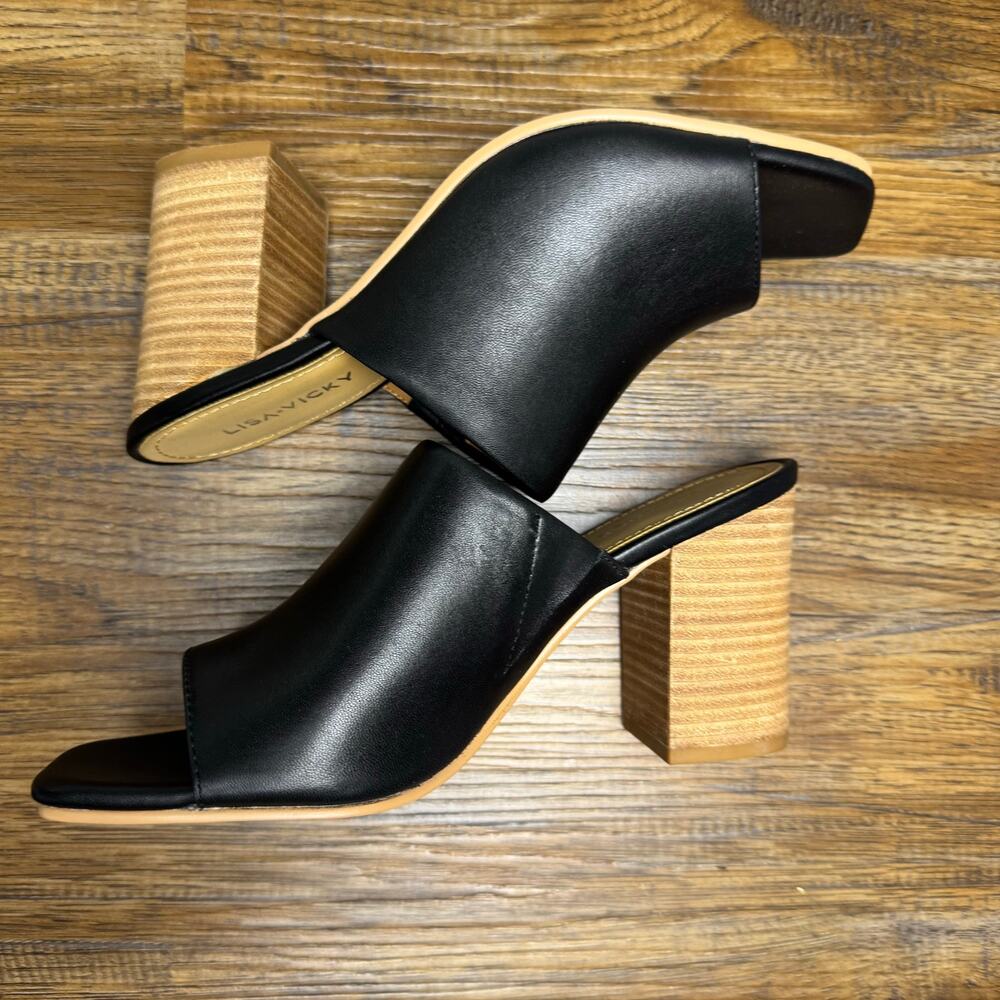 Lisa Vicky VIRTUE-V size 7.5 black sheep nappa stacked block heel slip on sandal - Picture 6 of 12